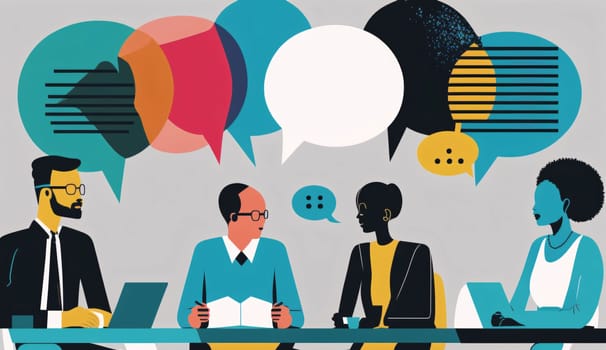 Banner: Group of business people with speech bubbles. Vector illustration in flat style