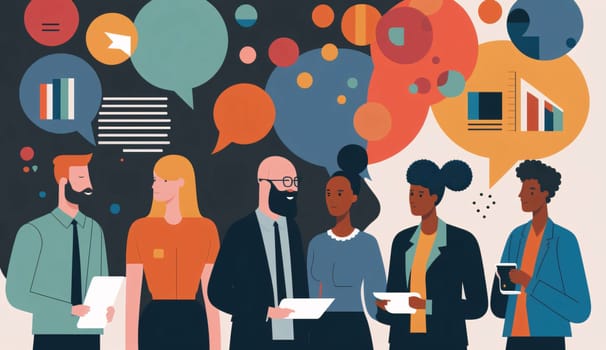 Banner: Business people with speech bubbles. Teamwork concept. Vector illustration.