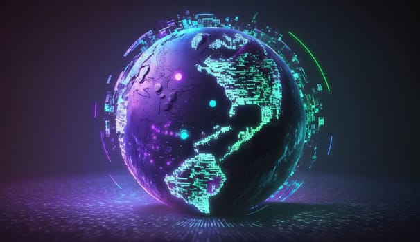 Banner: Glowing globe with binary code and lines on dark background. 3D rendering