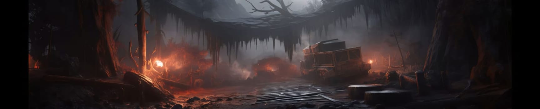 Banner: Fantasy landscape of abandoned mine in the fog. Horror Halloween concept