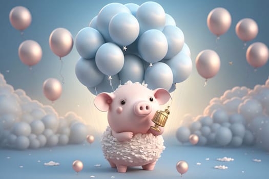Banner: 3D rendering of a cute pig with a lantern and balloons in the sky