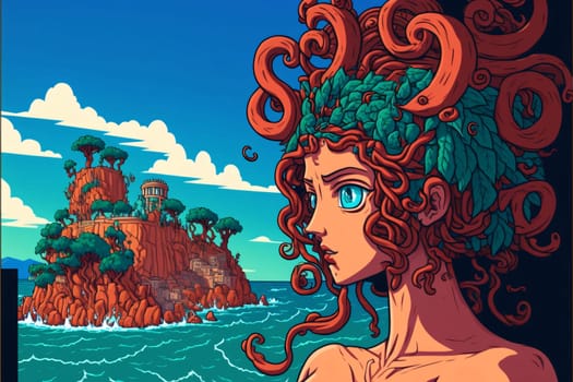 Banner: Vector illustration of a beautiful mermaid on the background of the ancient castle.