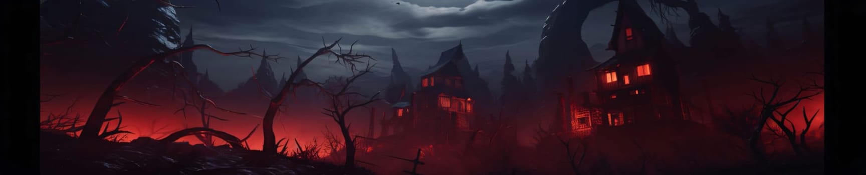 Banner: Horror Halloween background with haunted house and dead trees. 3d render