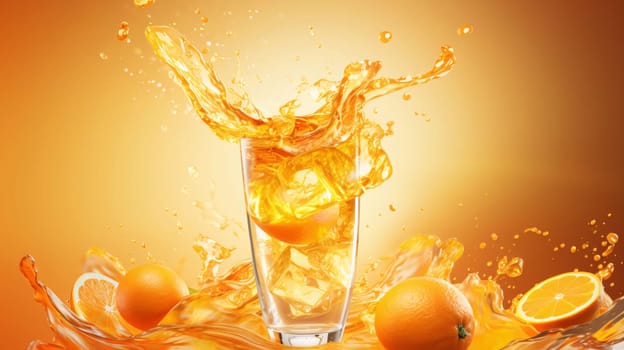 Banner: Orange juice splashing into a glass with orange slices on orange background