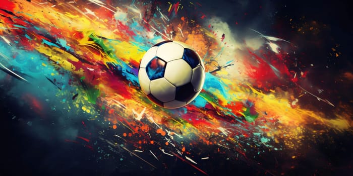 Banner: Soccer ball on abstract colorful background. Copy space. 3D Rendering