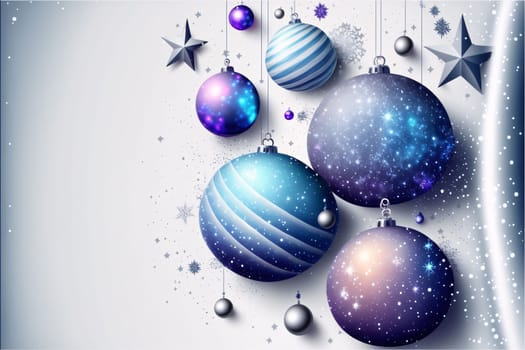 Banner: Christmas and New Year background with blue balls and stars. Vector illustration.