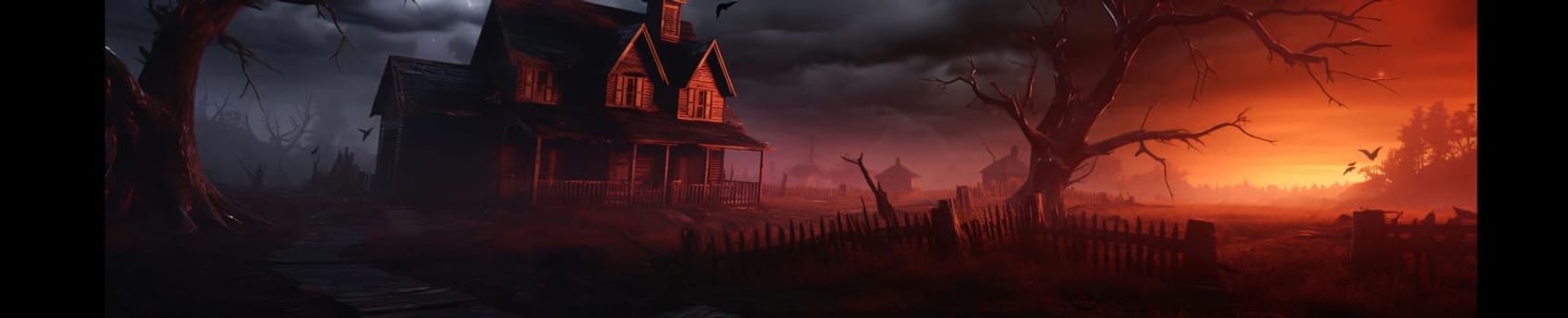 Banner: Halloween night landscape with old wooden house and trees. Halloween background