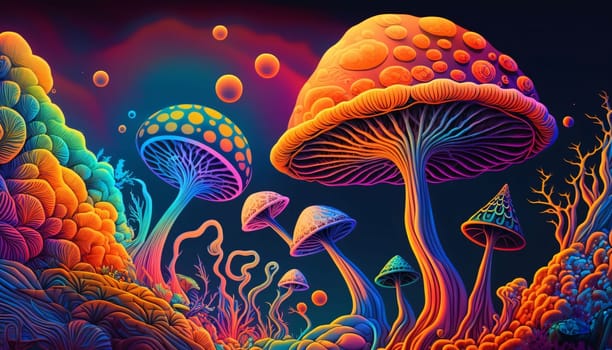 Banner: Mushroom background. Psychedelic hallucination. Vector illustration.