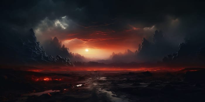 Banner: Fantasy alien planet. Mountain and river. 3D illustration.