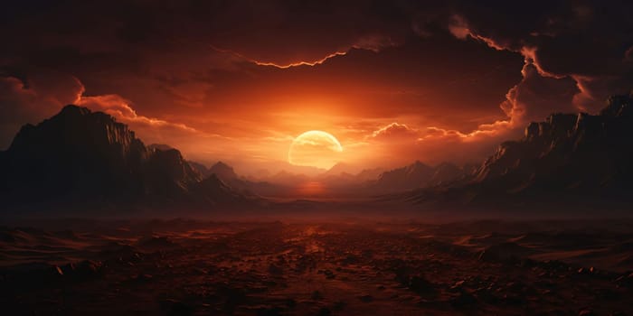 Banner: Fantasy alien planet. Mountain and sun. 3D illustration.
