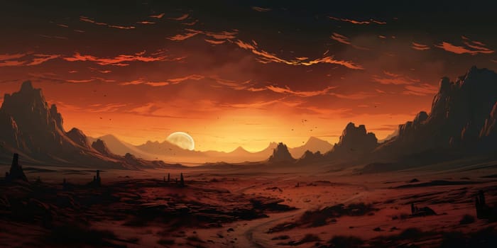Banner: Fantasy alien planet. Mountain and sunset. 3D illustration.