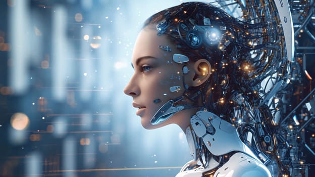 Banner: Cyborg woman in front of futuristic background. 3D rendering.