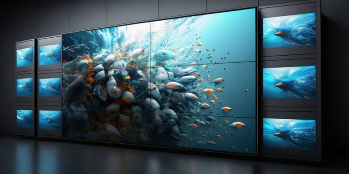 Banner: 3D rendering of the TV set in a room with many fish
