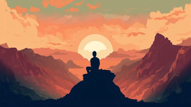 Banner: Vector illustration of a man meditating on a mountain top at sunset