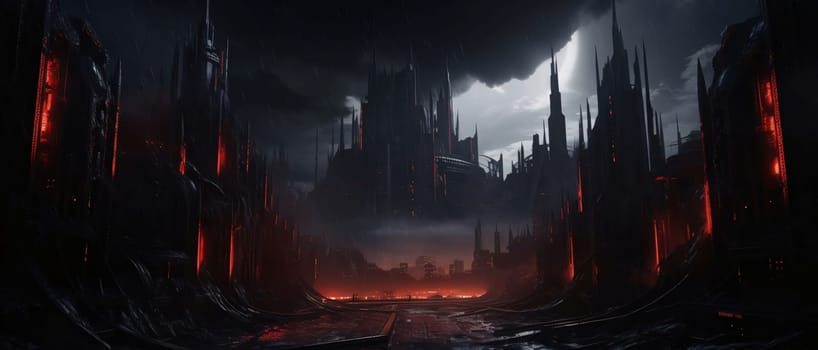 Banner: Fantasy landscape with an abandoned city at night. 3d rendering