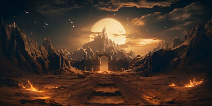 Banner: Fantasy landscape with castle and moon. 3D illustration. Fantasy background.