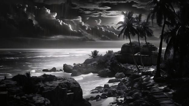 Banner: Tropical beach at night with palm trees, sun and waves