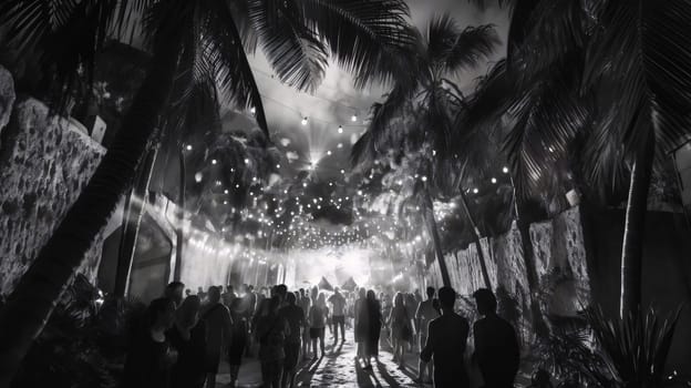 Banner: Crowd of people walking under the palm trees in the night.