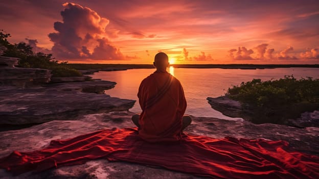 Banner: Buddhist monk meditating at the sunset over the sea.