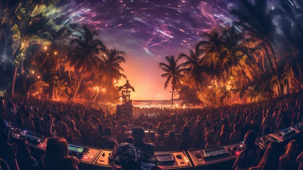 Banner: Crowd at concert in front of fireworks and palm trees at night