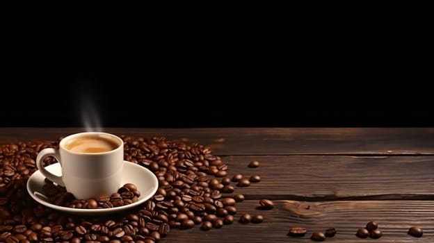 Banner: Coffee cup and coffee beans on wooden table. Coffee background