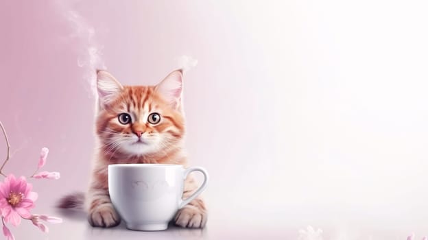 Banner: Cute ginger kitten with a cup of coffee on a pink background