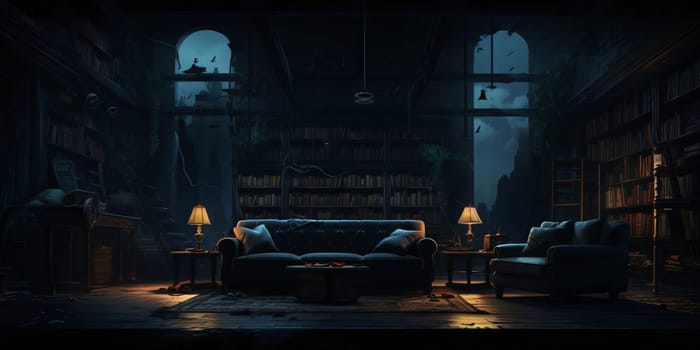 Banner: Interior of a dark room with a sofa and a bookcase
