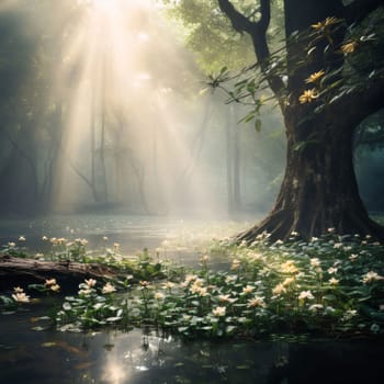 Banner: Morning fog in the forest with white lotus flower blooming.