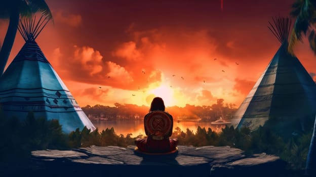 Banner: Native american indian woman sitting in the lotus position and watching sunset