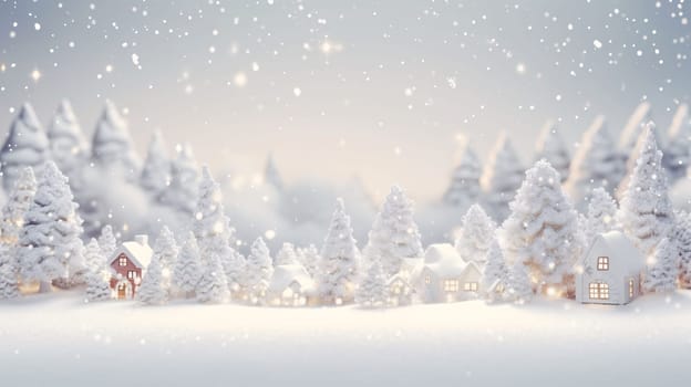 Banner: Christmas and New Year background with Christmas trees, houses and snowflakes