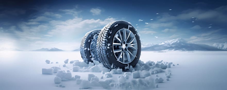 Banner: Car wheels against snowy landscape with snowdrift 3d-illustration
