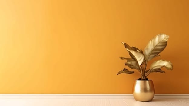 Banner: Golden plant in vase on orange wall background. 3d rendering
