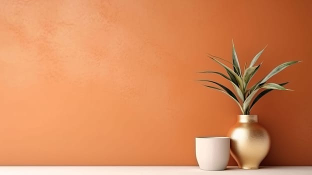 Banner: Vase with plant on orange wall background. 3d rendering.