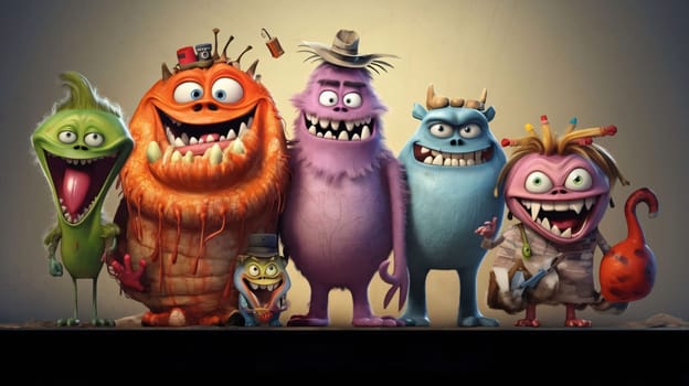Banner: Group of cartoon monsters with different emotions. Halloween concept. 3d rendering