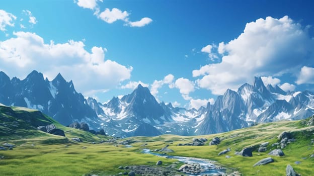 Banner: Mountain landscape with green grass and blue sky. 3d rendering