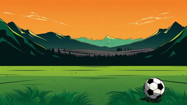 Banner: Beautiful landscape with mountains and a soccer ball. Vector illustration.