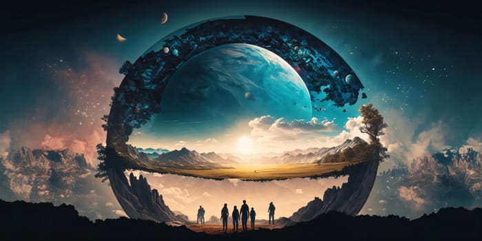 Banner: Conceptual image of planet earth and people against cloudy sky background