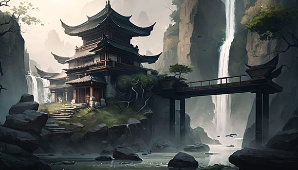 Banner: Fantasy landscape with ancient pagoda and waterfall. Digital painting.