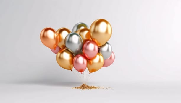 Banner: Colorful balloons with sand flying on white background. 3D rendering