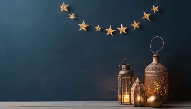 Banner: Ramadan Kareem greeting card. Festive lanterns with golden stars on blue background.