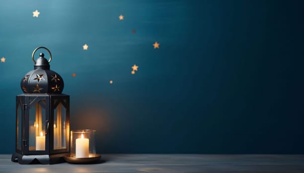 Banner: Lantern with burning candles on wooden table against dark blue background