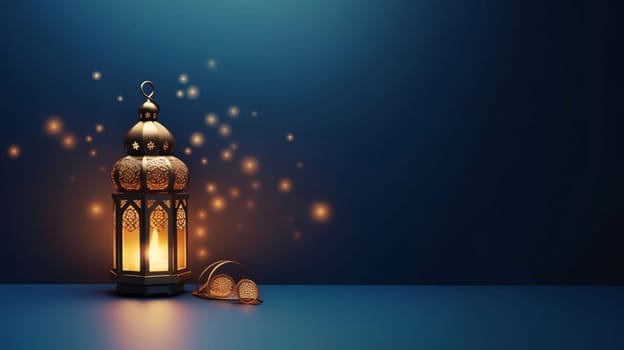 Banner: Ramadan Kareem Greeting Card. Arabic lantern with glowing lights on blue background