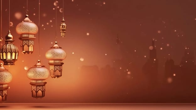 Banner: Ramadan Kareem background with lanterns. 3D rendering.