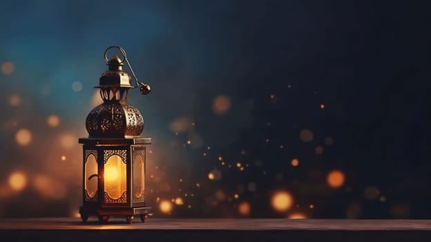 Banner: Lantern on wooden table with bokeh background. Ramadan Kareem background