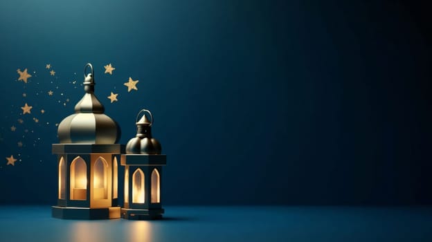 Banner: Ramadan Kareem background with lanterns and stars. 3D rendering