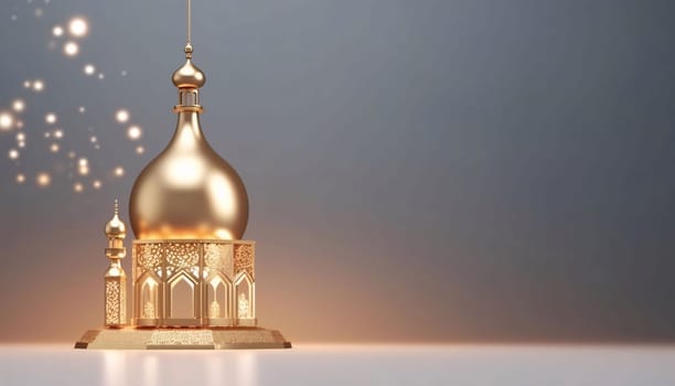 Banner: 3D illustration of Ramadan Kareem background with golden mosque. 3D rendering.