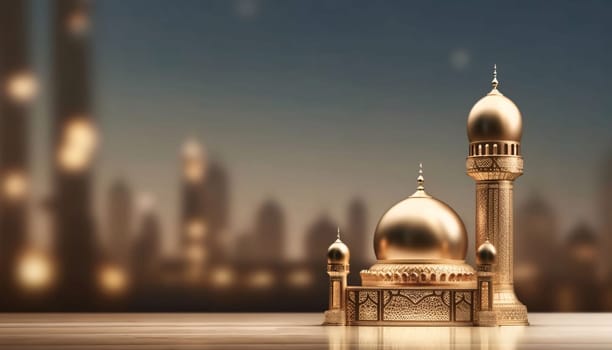 Banner: 3d illustration of mosque over blurred city background. Ramadan Kareem concept