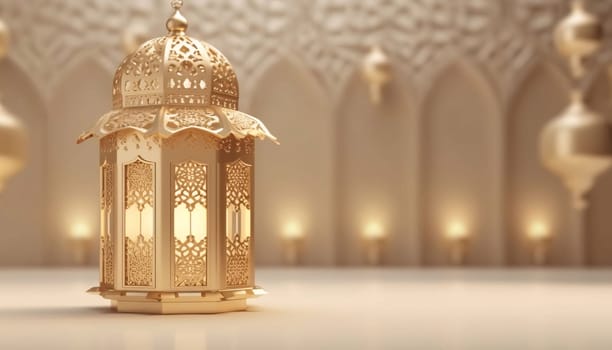 Banner: 3D rendering of a beautiful Ramadan Kareem background with Arabic lanterns