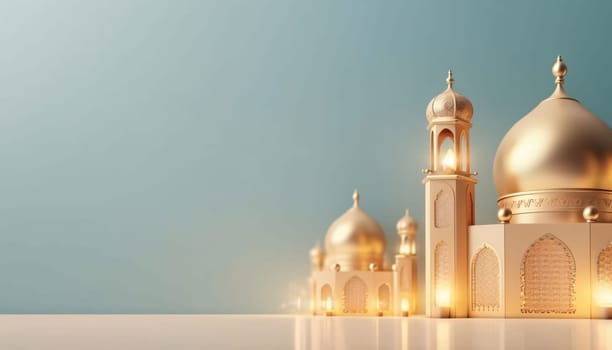 Banner: 3d illustration of mosque with golden domes on a blue background