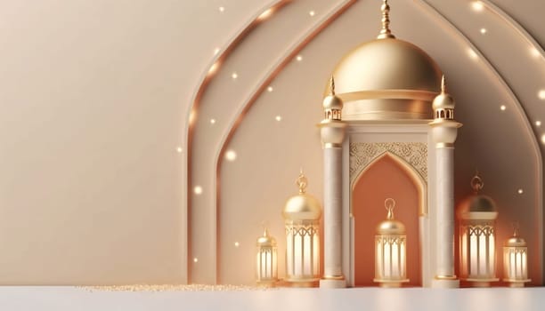 Banner: 3d rendering of Ramadan Kareem background with golden mosque dome and lanterns